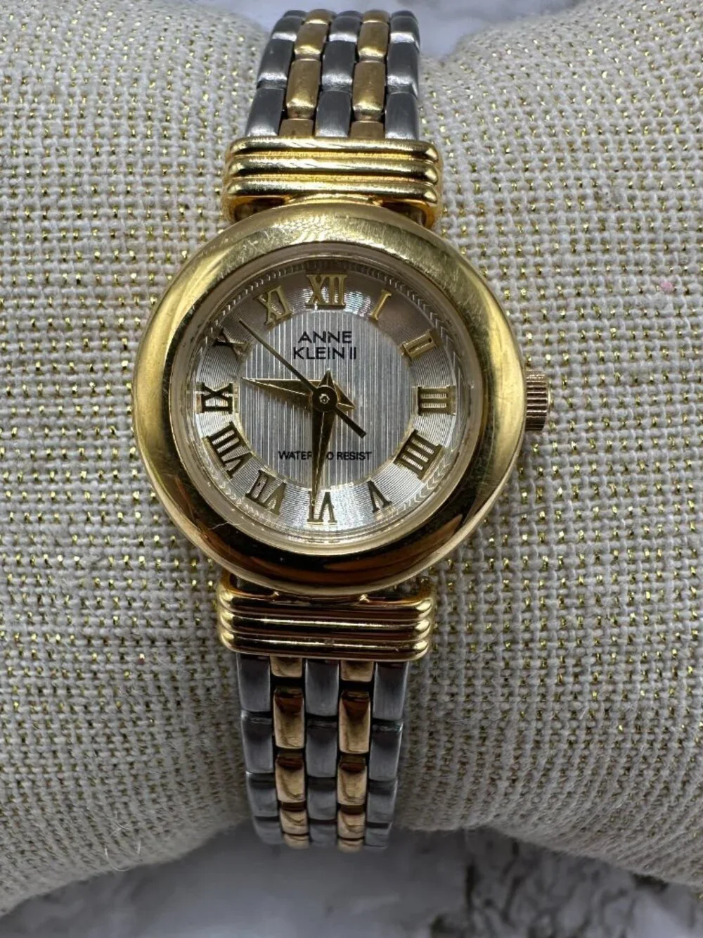 3/$30 Anne Klein Watch Women Silver Gold Two Tone Roman Numeral Dial Works 6.75